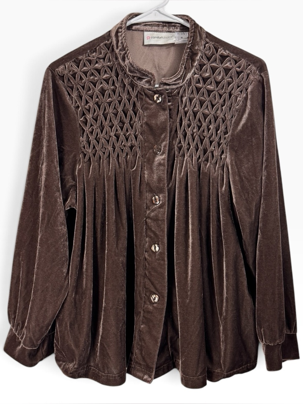 Vintage 90s Size 1X Smocked Lattice Button Up Long Sleeve Velvet Velour Top